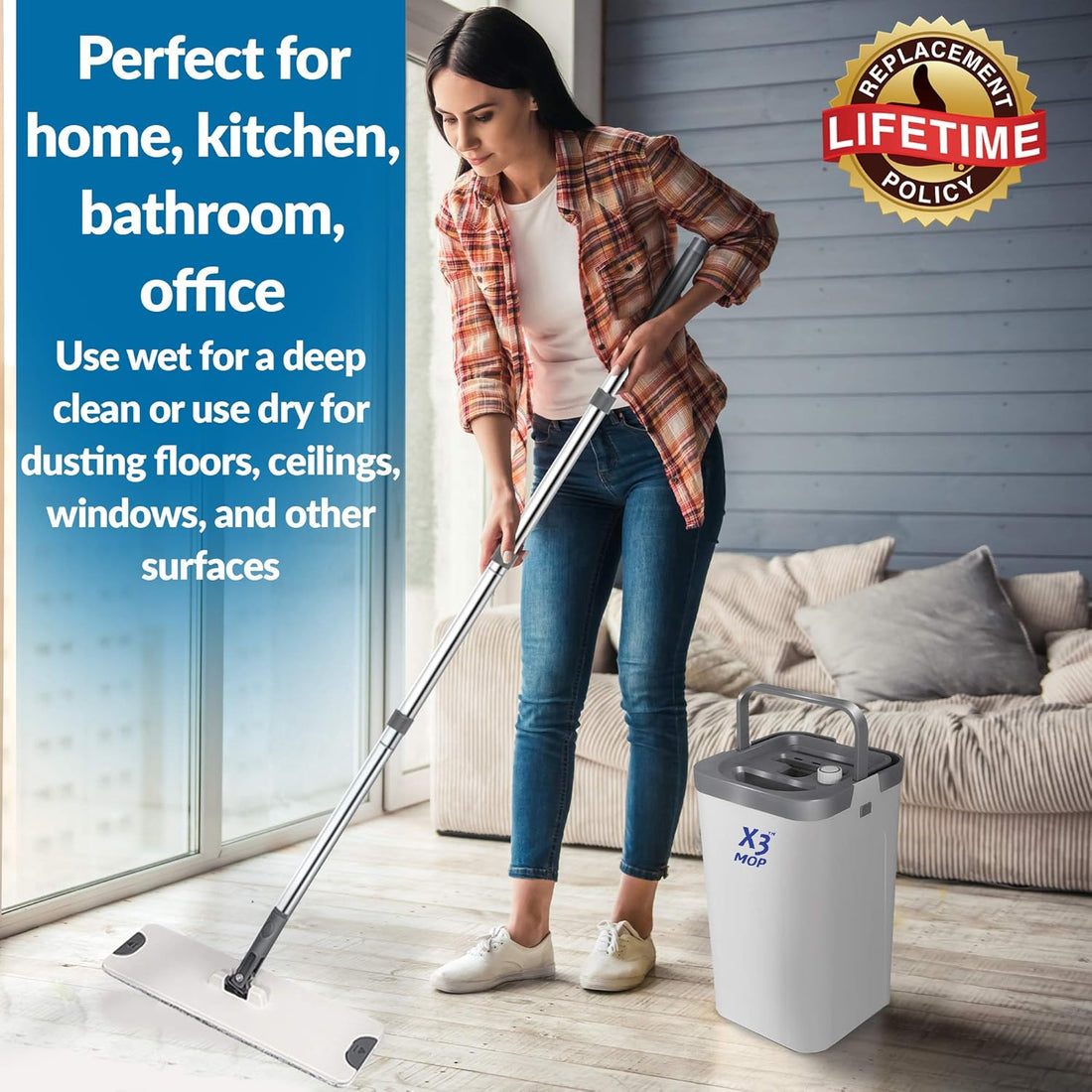 3-Chamber Design, Flat Mop and Bucket Set, Hands Free Home Floor Cleaning