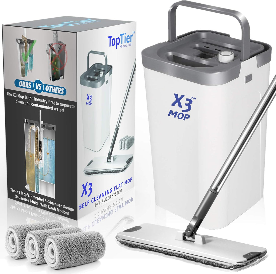 3-Chamber Design, Flat Mop and Bucket Set, Hands Free Home Floor Cleaning